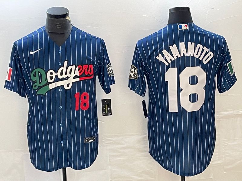 Men Los Angeles Dodgers 18 Yamamoto Blue stripe Nike Game MLB Jersey style 5